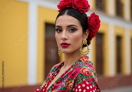 Elegant woman with red roses in her hair and earrings
