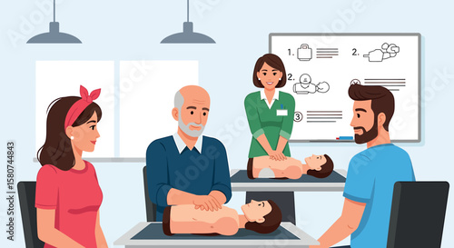 CPR and First Aid Training Class Illustration. Emergency Medical Education with Instructor and Students.