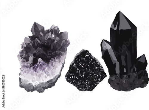 Captivating gemstones present an amethyst cluster, small sparkly druse and a shiny black crystal formation on a white background, silhouette