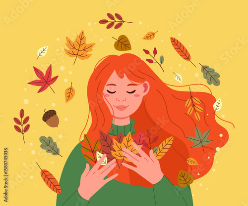 Beautiful red-haired girl in an autumn sweater. Autumn mood, swirling leaves. Cozy hand-drawn illustration. Hello, autumn. Autumn design for banners, posters, prints, billboards, and postcards