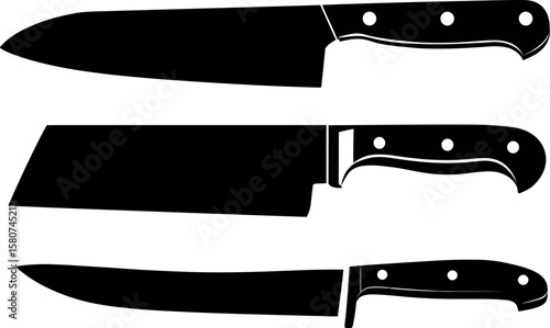 Sharp kitchen knives set with stainless steel blades and black handles isolated on white