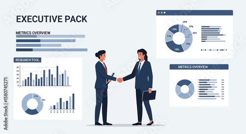 Two business professionals shaking hands, surrounded by financial data visualizations.