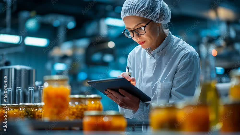 a food technician recording data on a tablet while observing testing equipment in the lab, symbolizing the integration of technology and science in food safety, photorealistic
