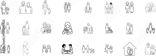 Family and parenting line icon set. Vector pictograms of couples, single parents, children, elderly, baby, newborn, teenager thin linear illustration.

