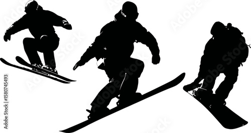 Winter sport enthusiasts display dynamic action with skiers and snowboarders in silhouette against a crisp white background.