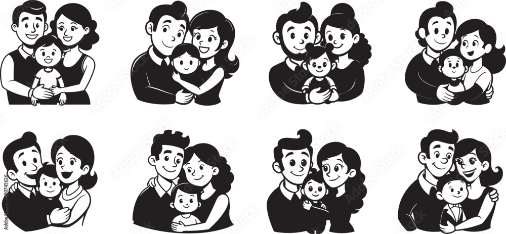 Obraz premium Family Silhouette Vector – Parents holding children, walking, hugging, or playing