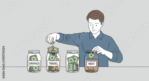 Man Budgeting Personal Finance: Allocating Money in Labeled Jars for Savings, Travel, and Rent
