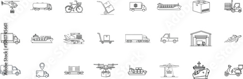 Commercial vehicles line icon set. Vector pictograms of container, pallet, forklift, plane, drone, helicopter, ship, train, cargo truck, warehouse, thin linear illustration.
