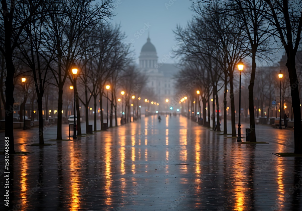 Fototapeta premium Rainy city street at night with glowing lights