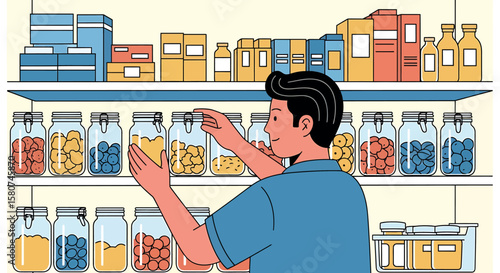Illustrated Man Organizing Sustainable Home Pantry with Food Jars and Storage