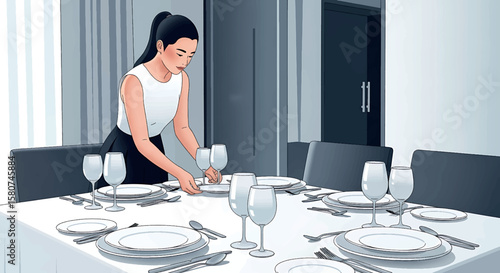 Elegant Woman Setting Formal Dining Table for Dinner Party - Vector Illustration