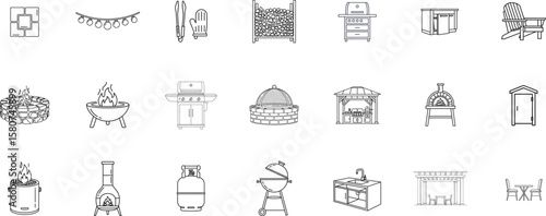 Backyard firepit outdoor features line icon set. Vector pictograms of kitchen, patio, fireplace, chiminea, pizza oven, firewood, propane tank, thin linear illustration.

