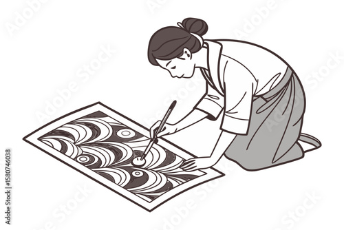 A cheerful cartoon child wearing an apron and a blue hair accessory meticulously painting with a brush and palette