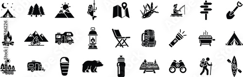 Camping, outdoor adventure icon set. Vector glyph pictograms of eco-tourism, tent, backpack, campfire, compass, kayak, hiking, travel, wilderness exploration black silhouette illustration.


