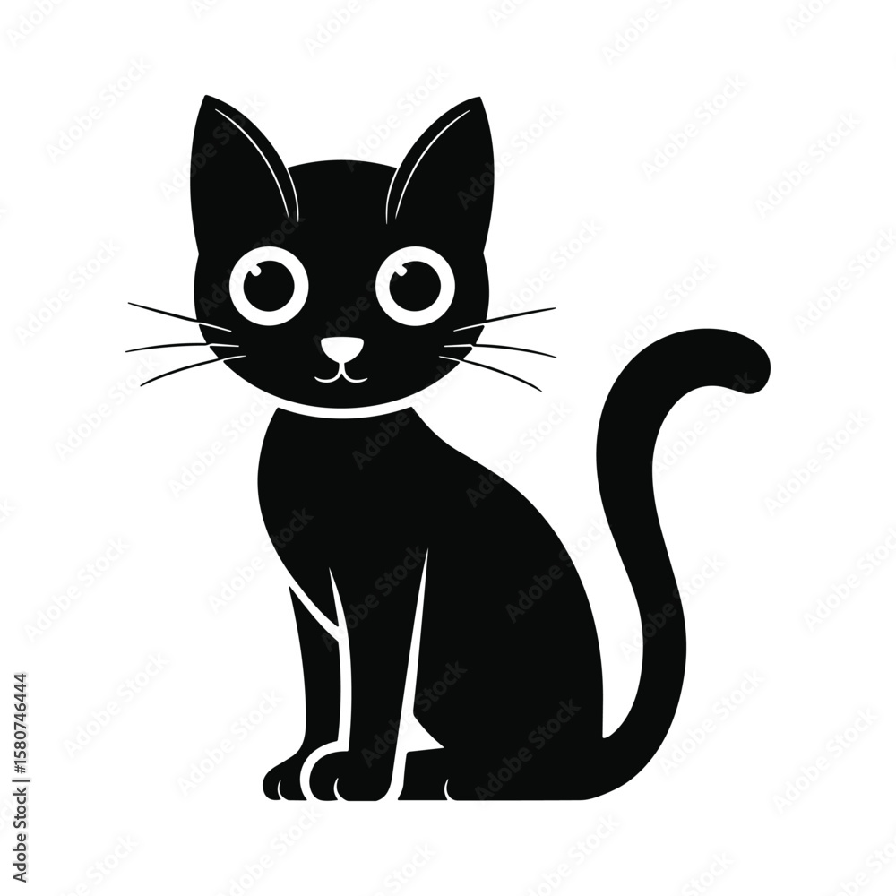 Fototapeta premium Black cat silhouette with large white eyes sitting and looking forward animal