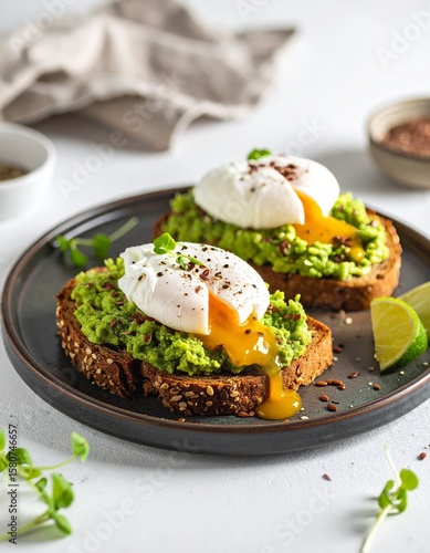 Savory poached eggs on avocado toast with runny yolks, herbs, flax seeds, and pepper, served on rustic bread and a dark ceramic plate for a cozy brunch feel.