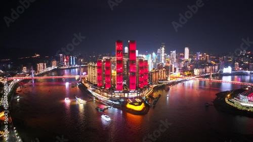 Chongqing Chaotianmen at night showcasing stunning Raffles views over the illuminated river promenade