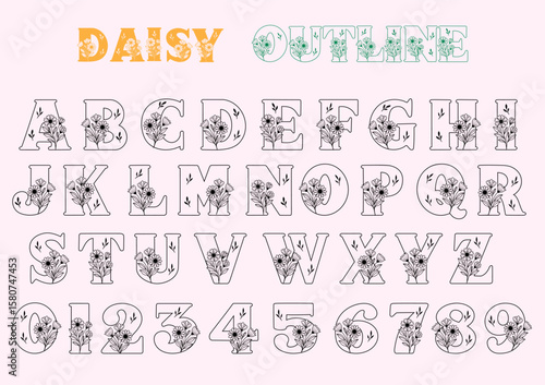 Daisy Outline Alphabet Font – Floral Serif Letters and Numbers with Daisy Flower Line Art, Decorative Botanical Outline Font for Spring Design, Nature Clipart, Boho Wedding, Retro Craft Projects