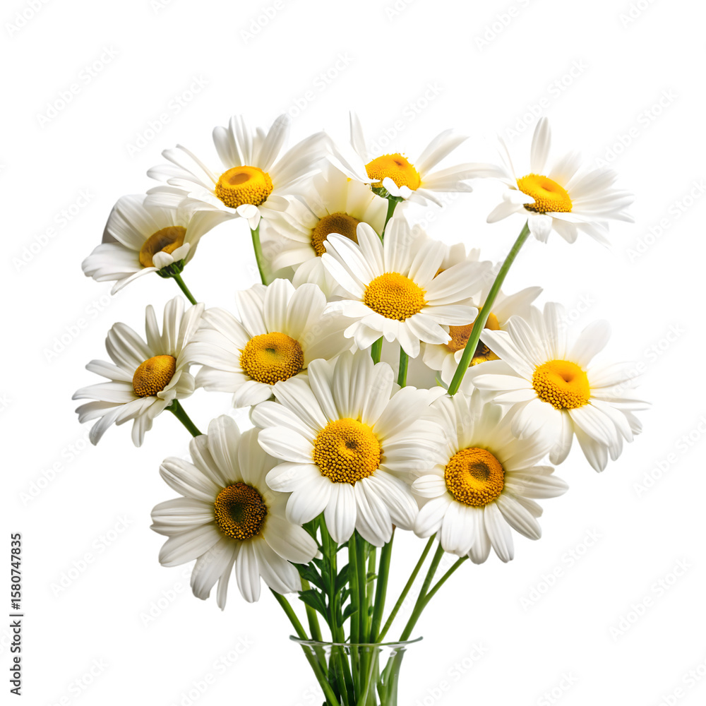 Fototapeta premium Fresh daisy bouquet with white petals and yellow centers, blooming chamomile flowers in a glass vase, spring floral arrangement on white background