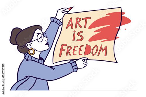 Artistic Liberty: A female artist passionately displays a banner declaring "Art is Freedom," a vibrant declaration of self-expression and creative liberty. 