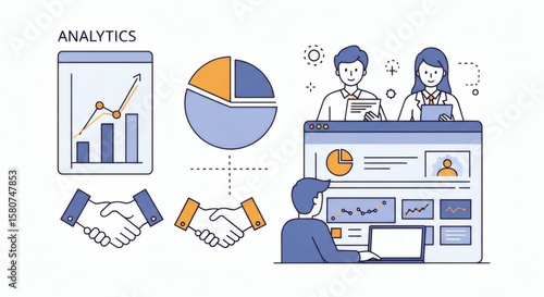Business collaboration, data analysis, and online teamwork depicted in a flat design.