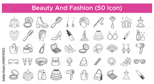 50 Beauty and Fashion Icons Stylish Line Art for Design Projects