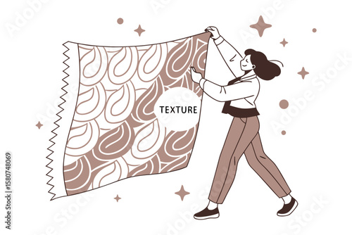 Textile Design: designer arranging textile samples in studio with texture word 