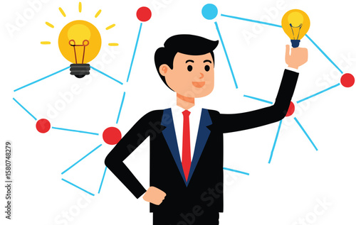 illustrations of businessmen presenting or surrounded by glowing light bulbs, symbolizing new ideas and innovation.
