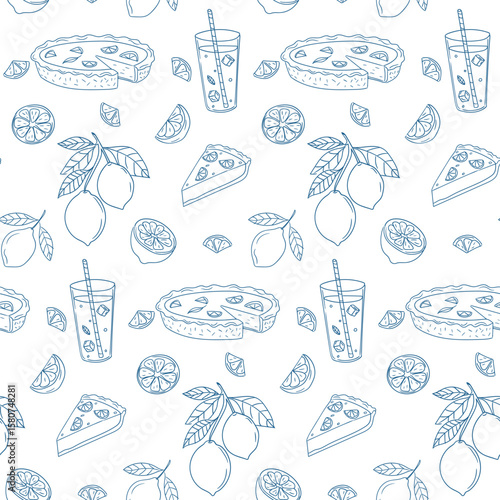 Pattern of dessert, beverages, and citrus fruits created for summer-themed design