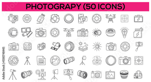 Photography Icon Set – 50 Black Line Art Camera and Lens Symbols in Vector

