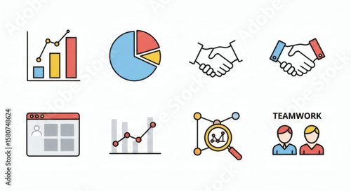 Collection of business and finance icons, including charts, handshakes, and teamwork concepts.