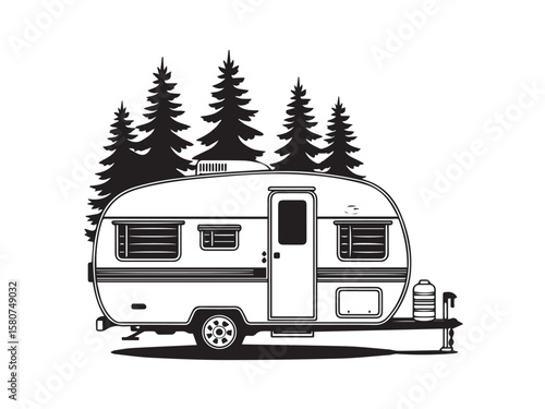classic travel trailer vector design in front of pine trees perfect for adventure, camping and nature themed artwork