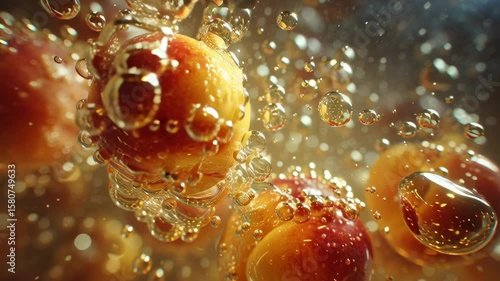 beautiful macro shot of air bubbles slowly rising through the golden syrup surrounding peaches in a can, abstract, artistic, and appetizing, cinematic lighting, ultra-realistic