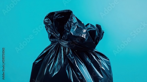 Close-up of a black plastic garbage bag against a blue background.