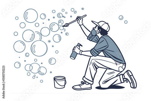 Cartoon character in a blue uniform happily dusting with a fluffy duster creating a cloud of dust