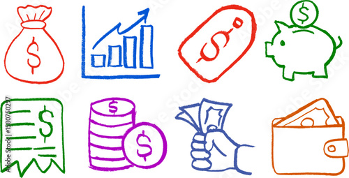 Money Cash Related Icons Crayon Chalk Drawing Doodle Vector Set