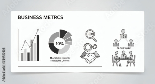 Business metrics infographic with charts, handshake, magnifying glass, and group work icons.