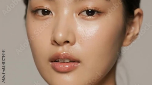 Closeup of a womans face with dewy skin and glossy lips angled towards the viewer