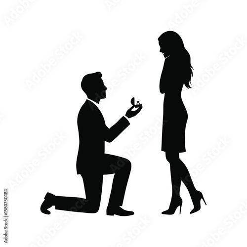 Silhouette of a man proposing to a woman with a ring marriage proposal illustration vector graphic