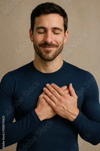 Man Showing Peaceful Expression, Hands On Chest, Neutral Backgrounds