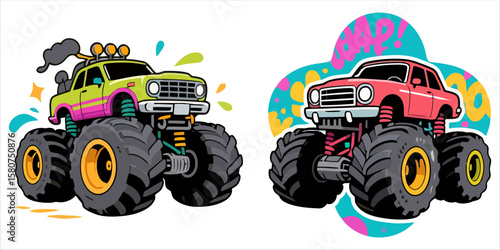 Vector art of two monster trucks isolated on white background