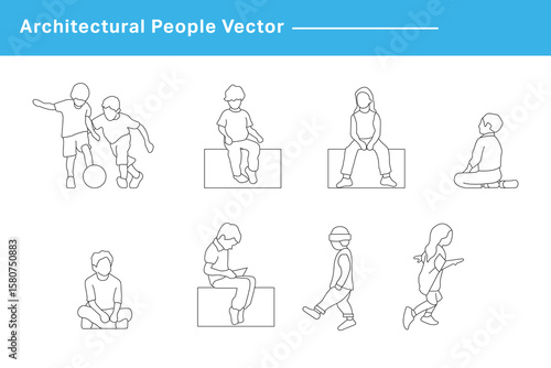 CAD Drawings. Set kids outlines isolated on white background. Sitting, walking, etc. Vector illustration.	