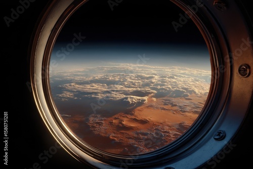 Fototapeta Naklejka Na Ścianę i Meble -  Earth's view through a round space station window