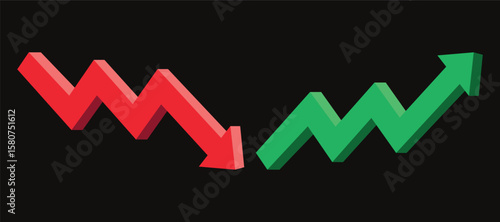 3d arrow graph showing rising and descending trend, green up and red down, boosting of business result, decrease and growing investment profit symbol