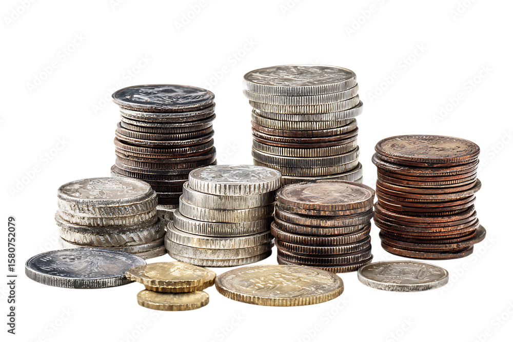 Stacks of various coins on a black background. Stacks of various coins on a black background.
