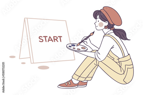 Starting a creative journey: A charming artist seated before a blank canvas, the word "START" etched boldly, and a palette of colors, captures the essence of an artist's passion.