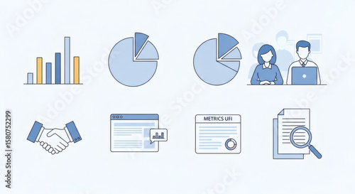 Business analytics icons illustrating data analysis, teamwork, contracts, and online collaboration.