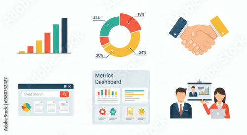 Various business and data analysis icons, including charts, graphs, and handshakes.