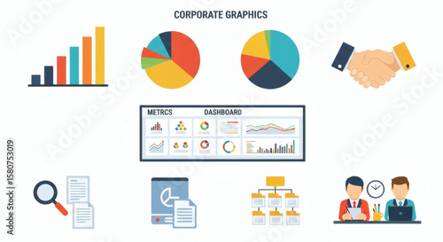 Various business and corporate graphic elements displayed against white background.