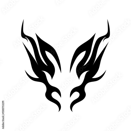 Neo black tribal tattoo. Gothic neo tribal butterfly with wings, flames, hearts or symmetrical shapes, abstract dividers. Cyber ​​singlism design elements in 2000s grunge style.